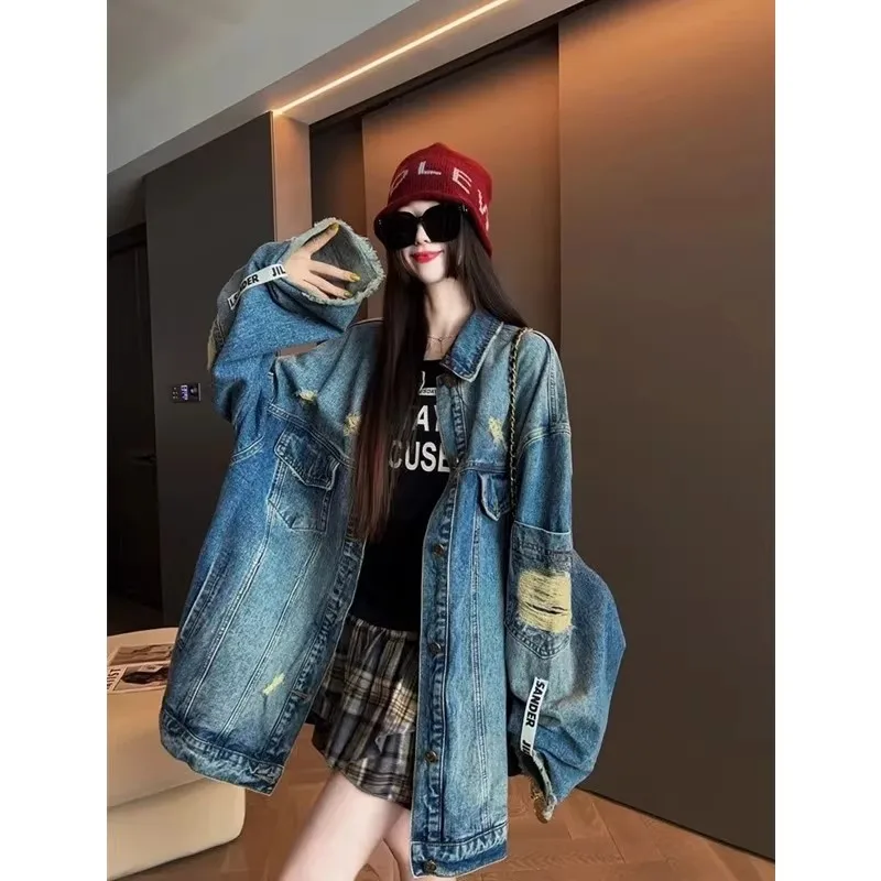 

Джинсовая куртка большого размера в стиле ретро для мужчин, свободная посадка с воротником, модная брендовая повседневная хлопковая верхняя одежда на осень-зиму