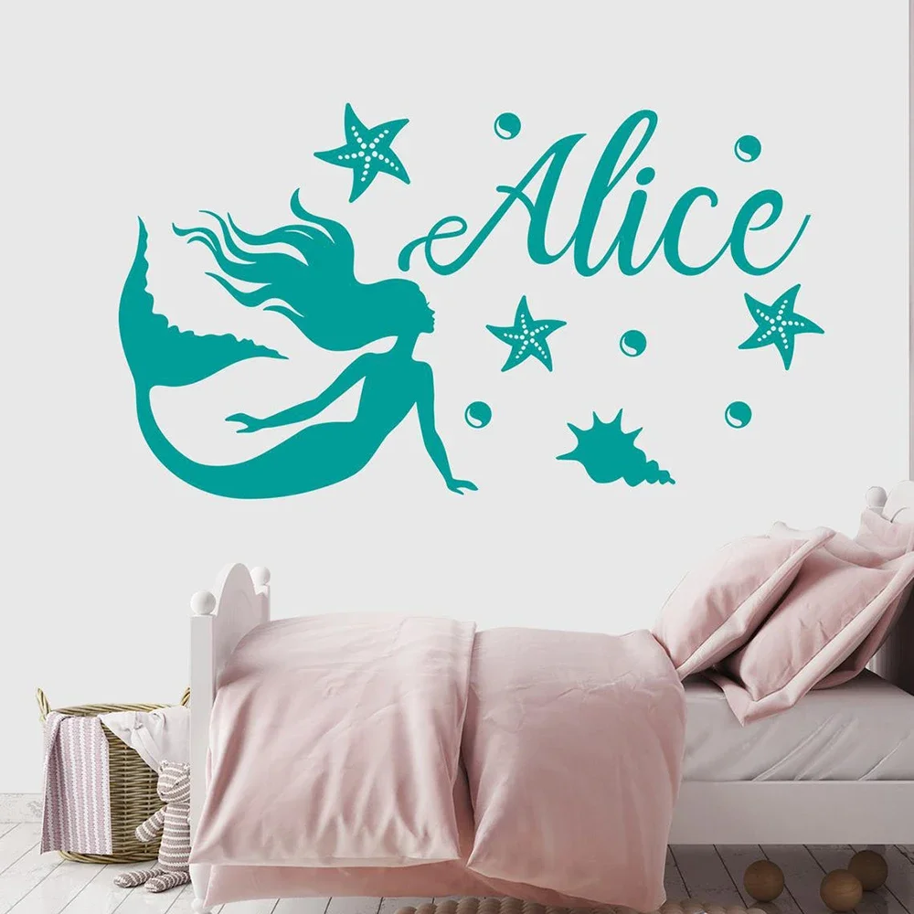 Mermaid Nautical Wall Decal Girl Name Nursery Decor Vinyl Art Custom Names Wall Sticker for Kid Room Girl Bedroom Decor B148