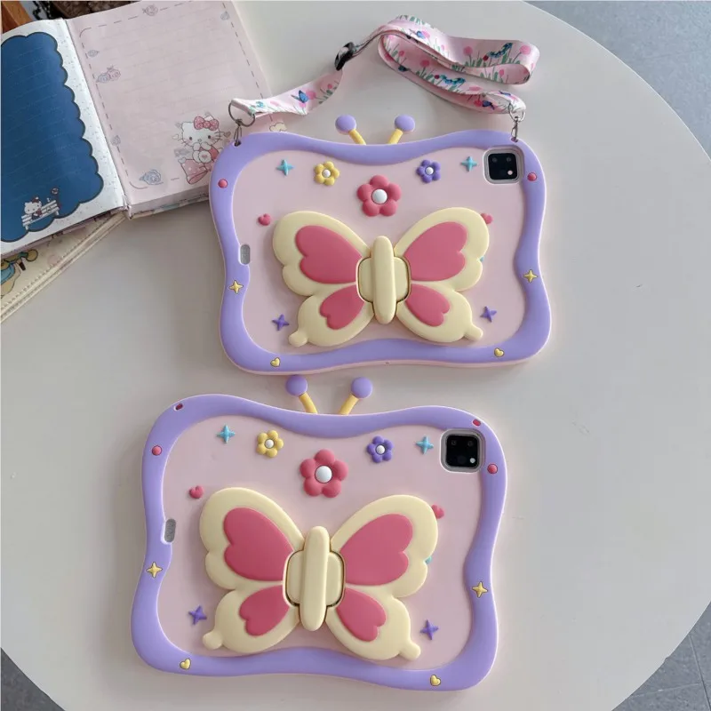 Cute Cartoon 3D Butterfly Kids Tablet Case Silicone Shockproof Stand for iPad 5 6 7 8 9th Air 1 2 3 Pro 9.7