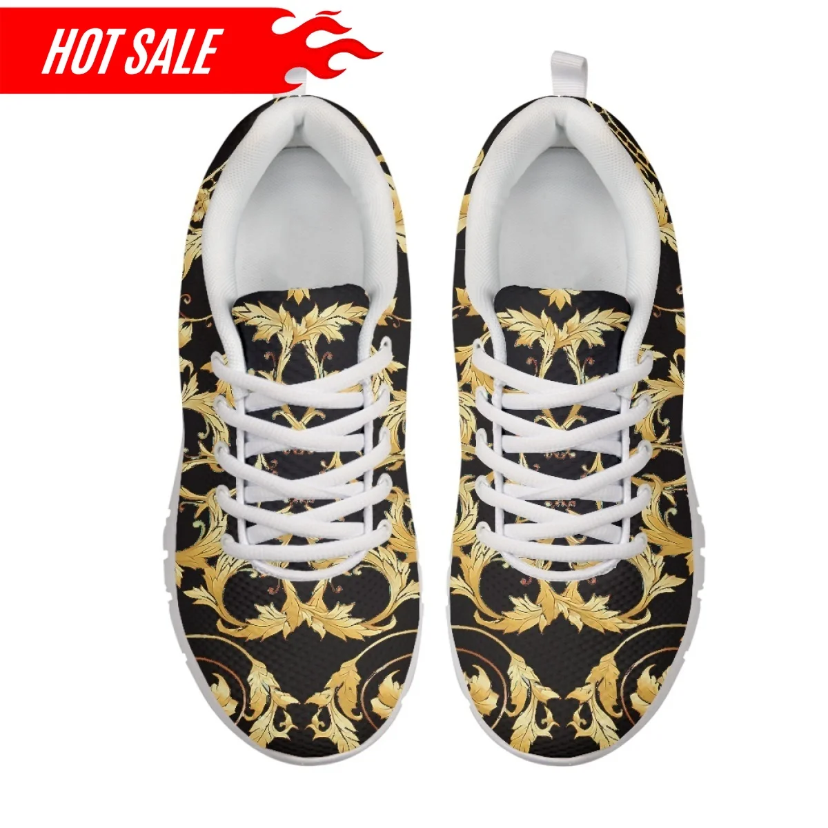 Vintage Golden Baroque Design Mesh Shoes for Women Lightweight Lace up Casual Sneakers Ladies Outdoor Walk Flats