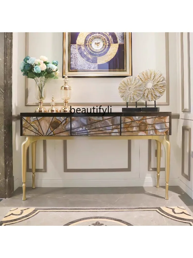 Post-Modern Light Luxury Console Entry Door Hallway Italy High-End Design a Long Narrow Table Table Natural Agate Stone