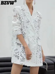 BZVW Hollow Out Designer Thin Blazer For Women Fashion New Temperament Loose Lace Floral Suit Coat Female 2024 New Trend 25X0984