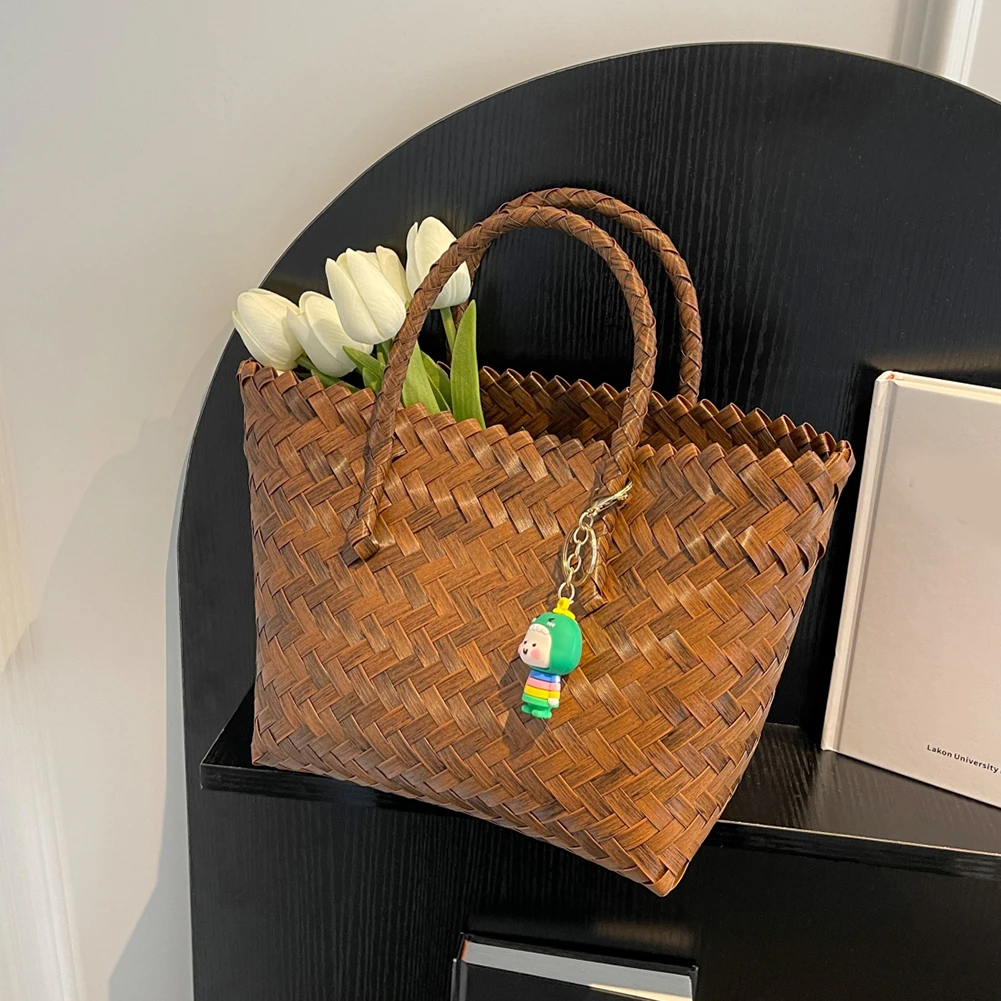 

Женский тканый женский клатч большой емкости, летние сумки-тоут, однотонные сумки для отпуска, путешествий, повседневные повседневные сумки с милой подвеской