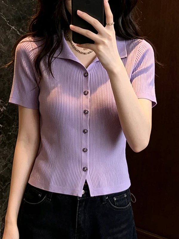 

plus Size Summer New Style Women's Slim Fit Knitted Sweater Casual Turn-down Collar Versatile Casual Age-defying Trendy Top