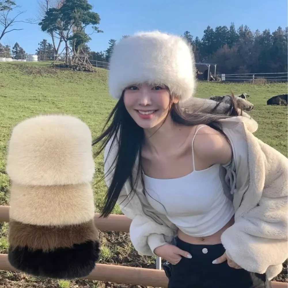 

Chrismas Gifts Plush Fluffy Fur Bucket Hat Ear Protection Furry Fisherman Hat Soft Warm Snow Ski Cap Winter