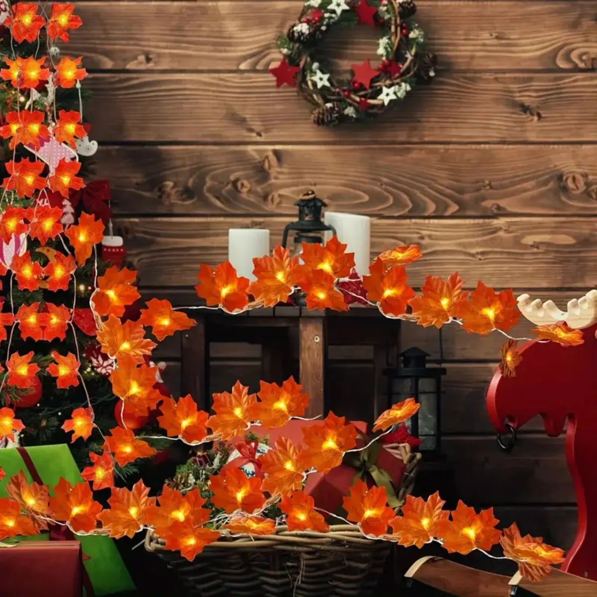 1pc 10/20/30/40 LED Fall Maple String Light Hanging Halloween Decorative Lamp Battery Powered For Home Bedroom Living Room Decor