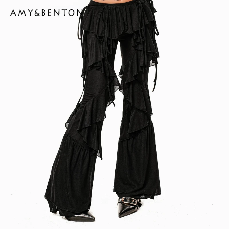 

American Retro Design Strap Fart Curtain Women's Bell-bottoms 2026 Summer Black Mesh Splicing Hot Girl Mopping Trousers Ladies