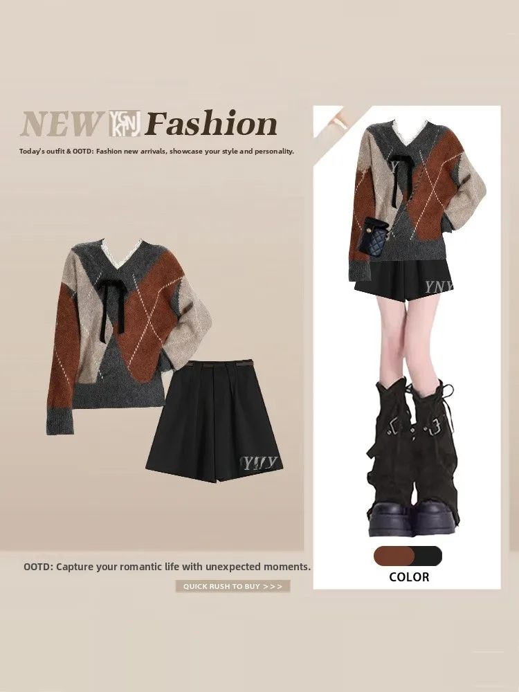 시크한 브이넥 스웨터와 바지 세트 여성용 가을 겨울 대형 사이즈 니트 의류 대학 스타일 다이아몬드 패턴 의상