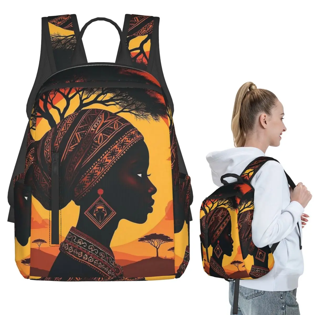 

African Headwrap Woman Design Backpack Student BookBag Kids School Bag Laptop Shoulder Bags Men Women