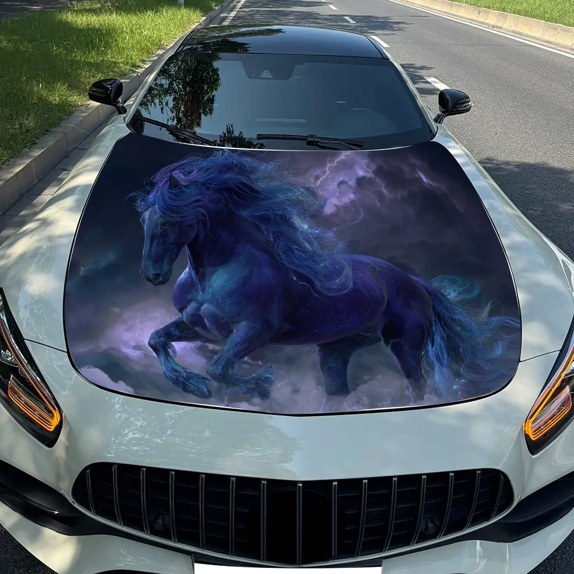 

Blue Horse Under The Storm Car Hood Sticker PVC Self Waterproof Stick, Striking Auto Exterior Accessories Decor Protect Gift for