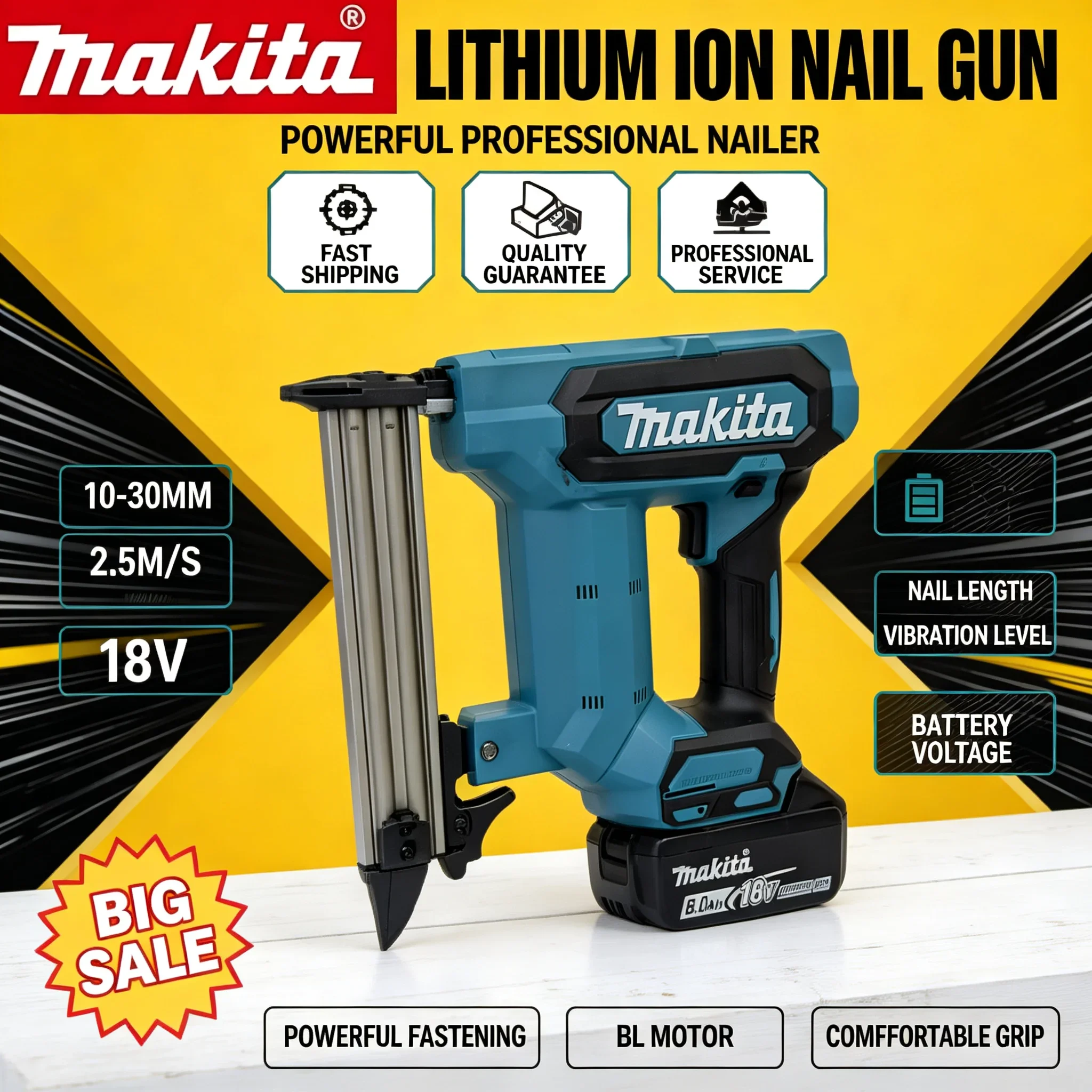 Makita F30 Cordless Electric Rechargeable Straight Nailer 18/20V Battery Woodworking Hand Power Tool Staple Gun