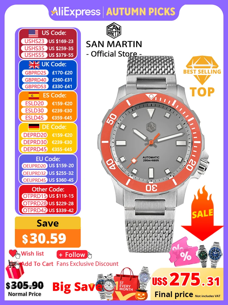 San Martin Original Design Diver 39.5mm V2 Men Watch NH35 Automatic Mechanical Watch Milanese Bracelet Waterproof 200m Luminous