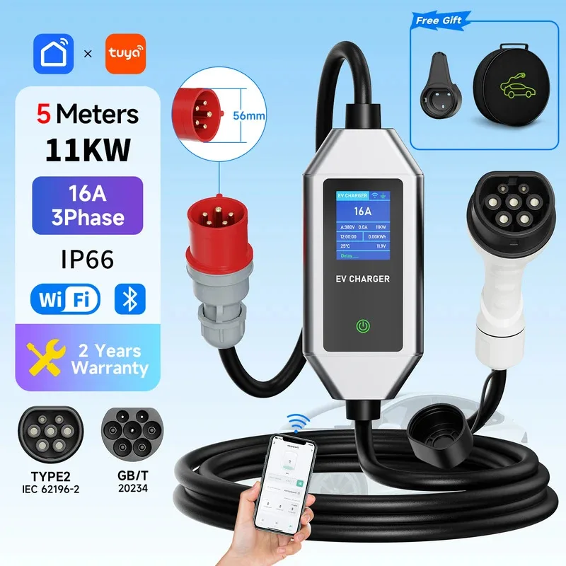 

11KW Portable EV Charger Station Type2/GBT Mennekes EVSE Cable 16A 3Phase for Electric PHEV Car with CEE Plug Fast Charg