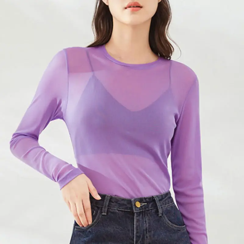 Net Yarn Bottoming Shirt Summer New Long Sleeve Thin Solid Color Simplicity Basic T Shirt Tops Casual Fashion Women Clothing