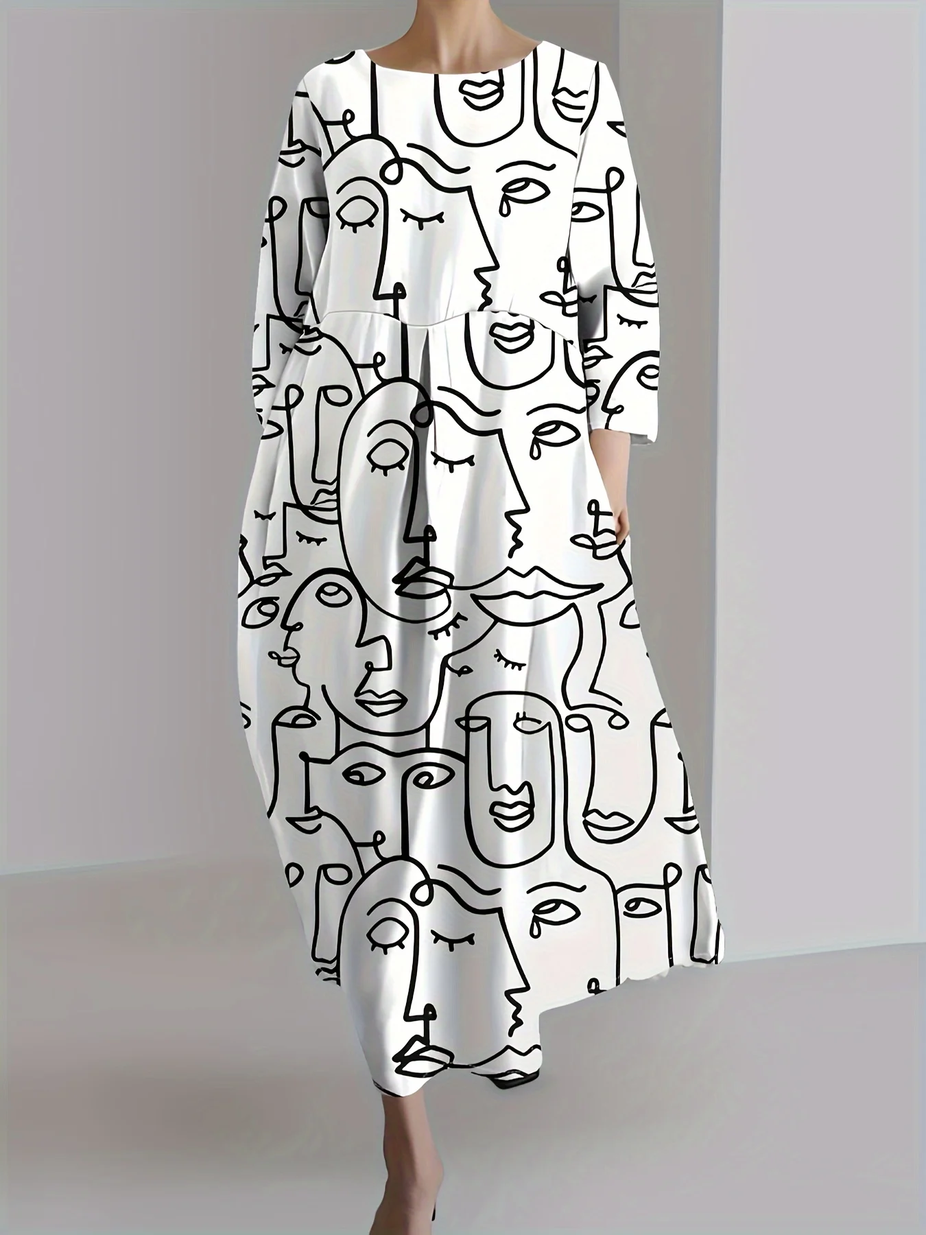 Printed Design Casual Style Abstract Line Art Face Pattern Round Neck Long Sleeve Dress