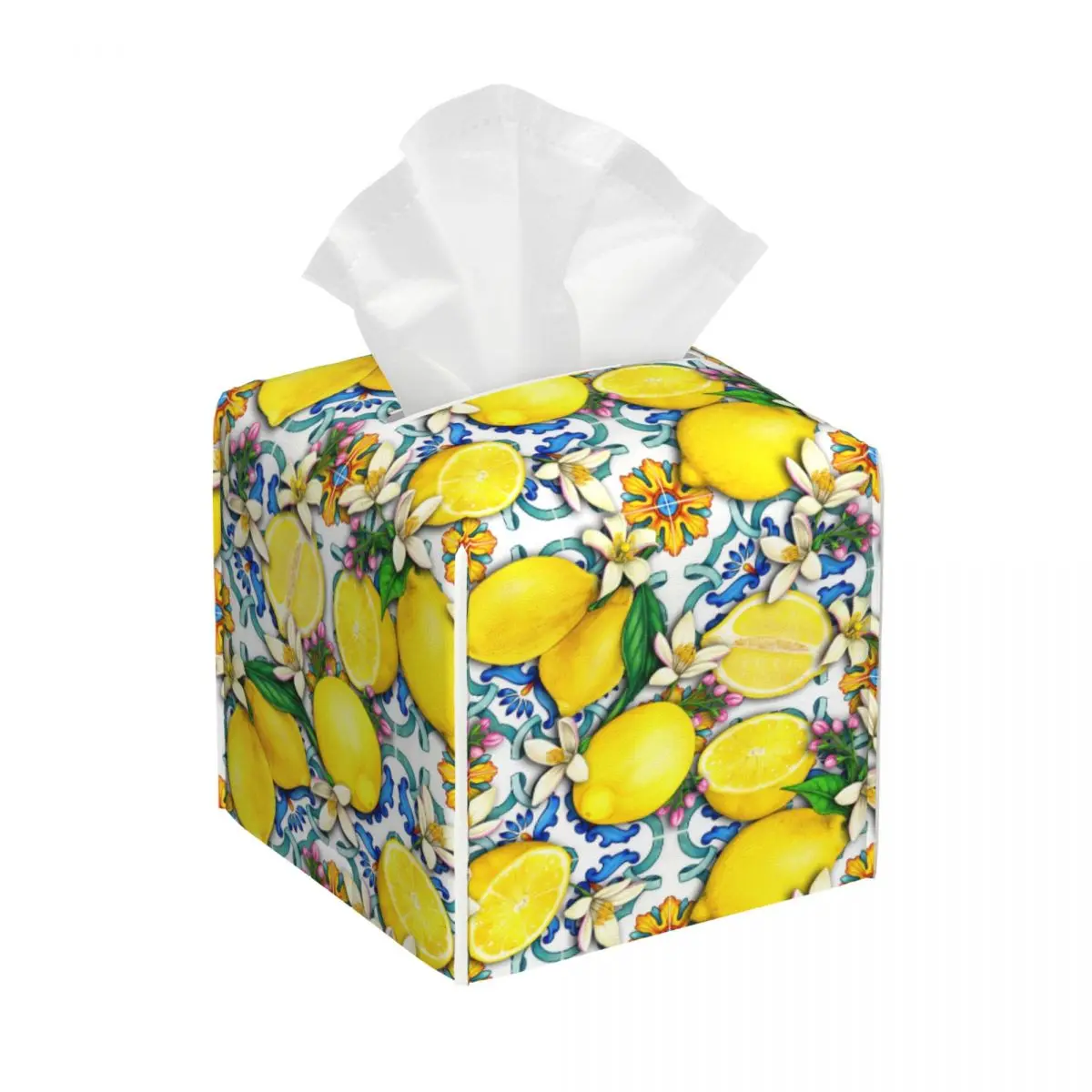 Custom Mediterranean Lemons Tiles Tissue Box Cover PU Leather Square Facial Tissues Holder for Car