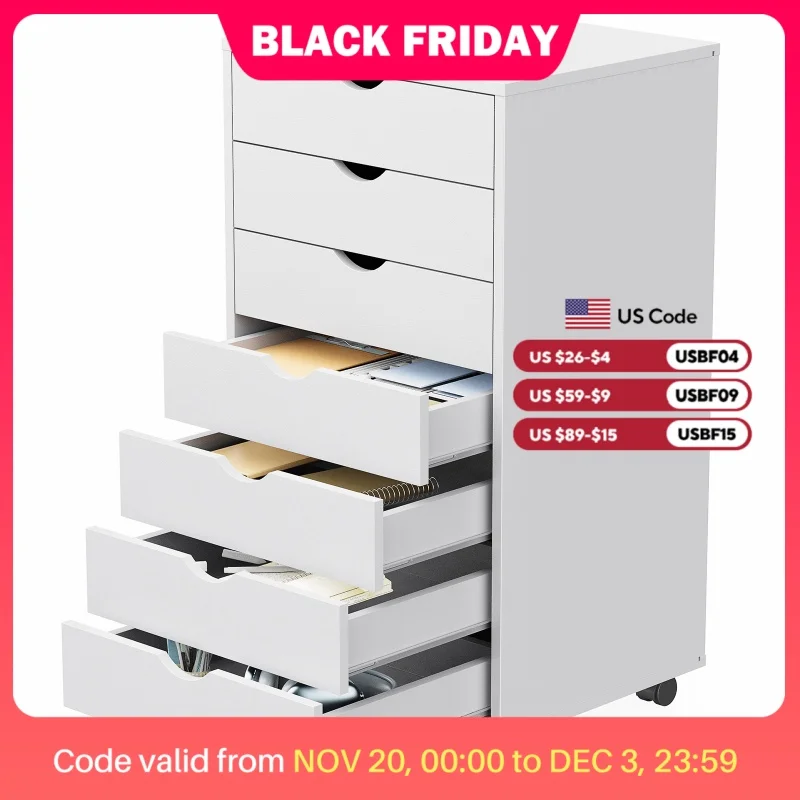 JHK 7 Drawer Chest Dressers Nightstand Storage Cabinet Wooden File Office Mobile Cabinet Wheels Living Room Organizer Rolling