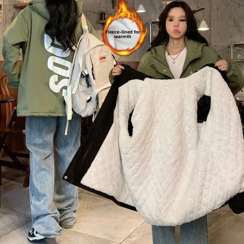 النمط الأمريكي صوف مبطن سترة الشتاء سميكة الرجال حروف ملابس خارجية العلامة التجارية العصرية معطف القطن للجنسين لباس غير رسمي #2