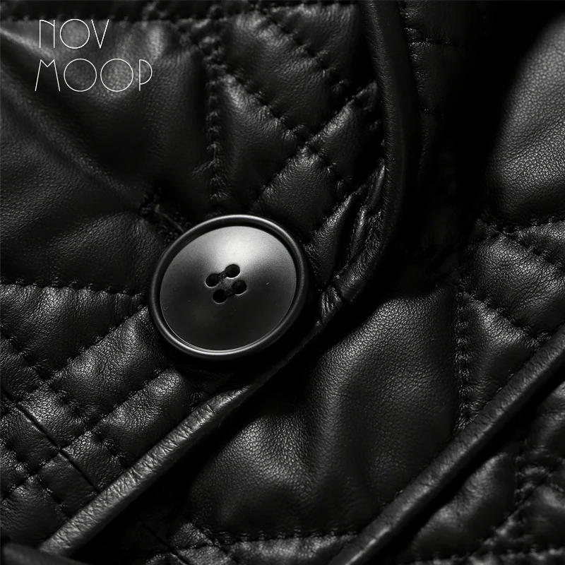 Novmoop luxurious sheepskin genuine leather quilted women long coat solid black formal chic top grade winter overcoat LT3582