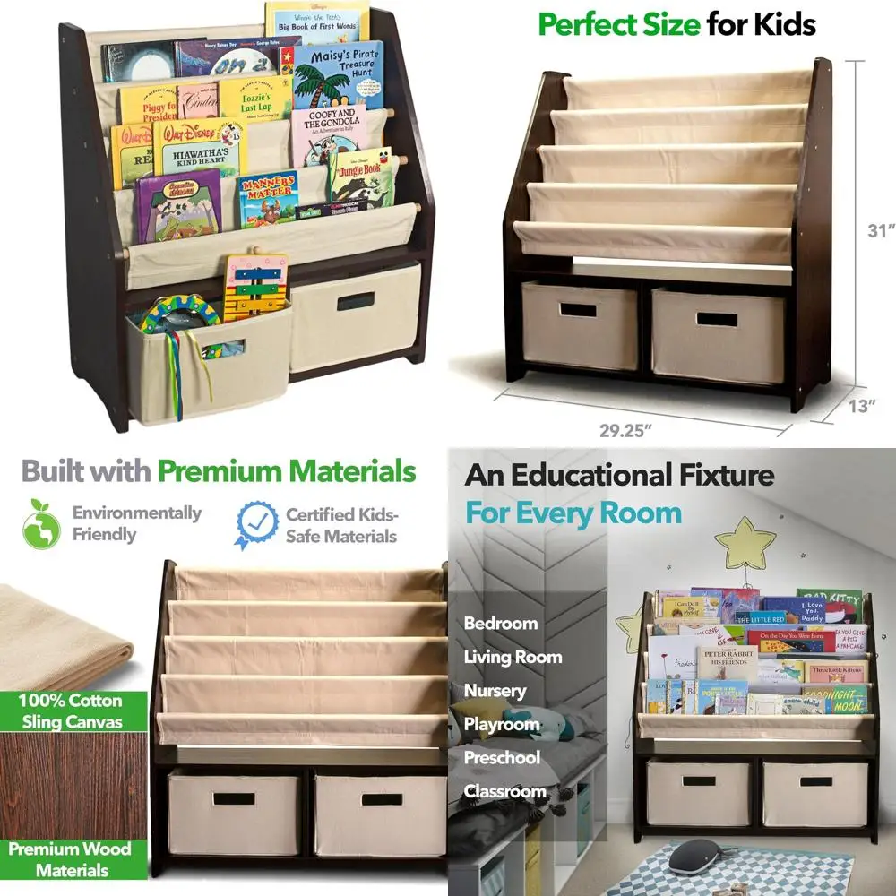

4-х уровневая деревянная детская книжная полка с холщовыми слингами и ящиками для хранения, отделка эспрессо