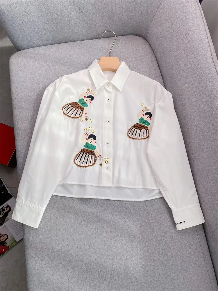 2024 Early Autumn New Fashion Hand Embroidery Shirt Women Casual Polo Collar All-match Tops Blouse Ladies