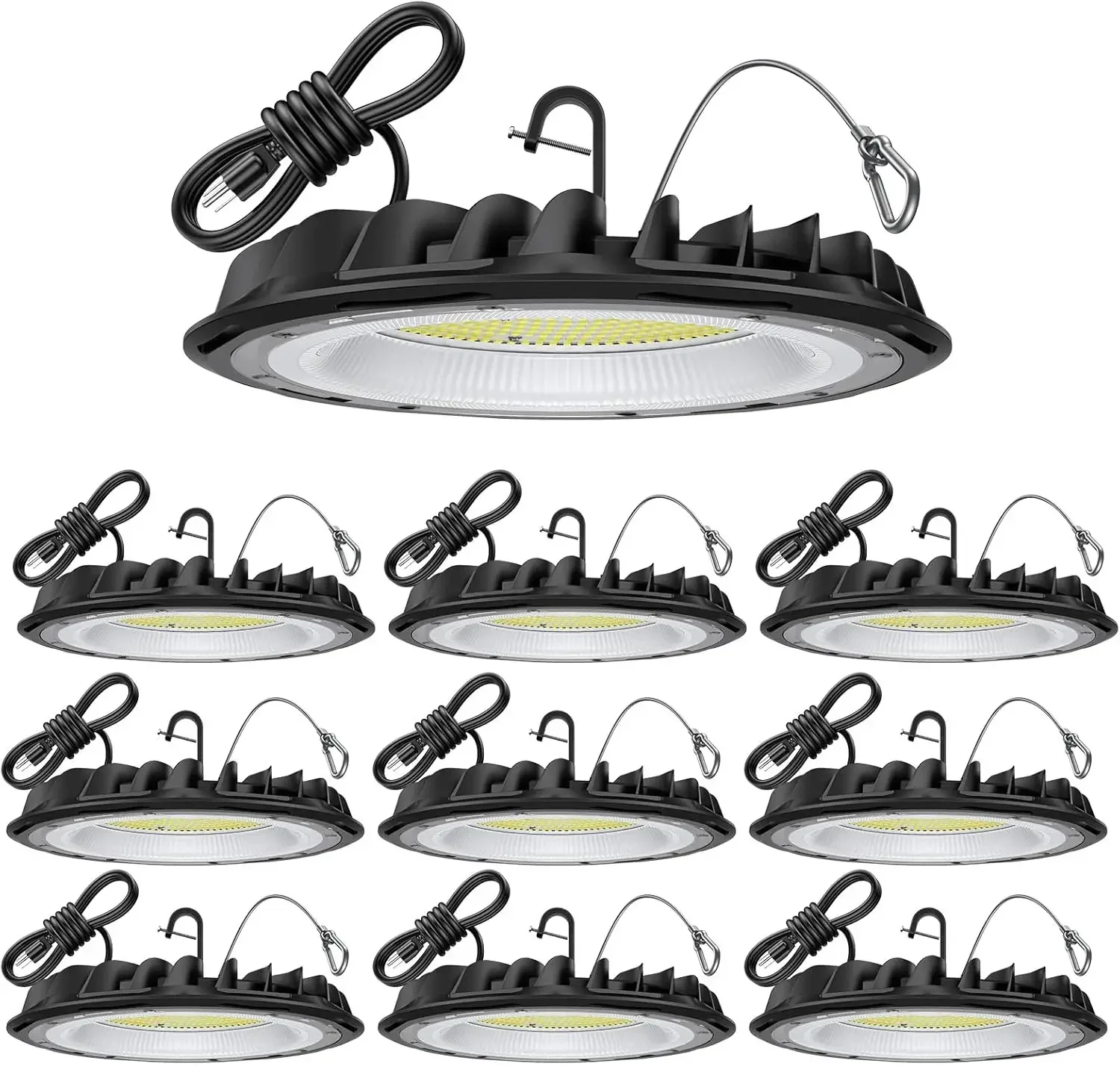 

Комплект из 10 светодиодных светильников UFO High Bay ETL 155W, 22500 лм, дневной свет 5000K, вилка стандарта США, 110-277В, IP65, водонепроницаемые, для коммерческих помещений/мастерских