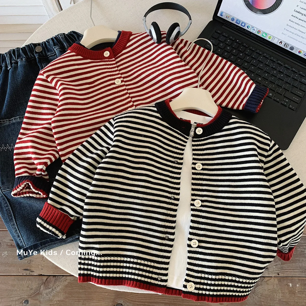 2026 Fall Boys Girls Sweater Cardigan Lazy Style Childrens Wear Kids Korean Striped Knit Jacket Baby Top