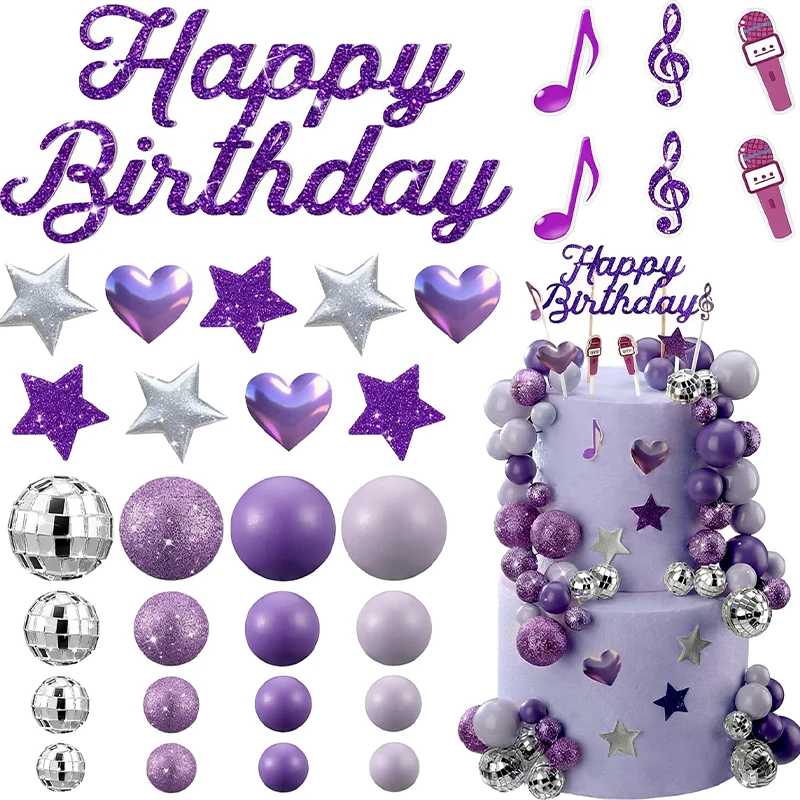 32-teiliges Lila Serie Tortendekoration Set Lila Discokugel Mikrofon Happy Birthday Kuchendekoration Geburtstagstorten-Dekorationswerkzeuge
