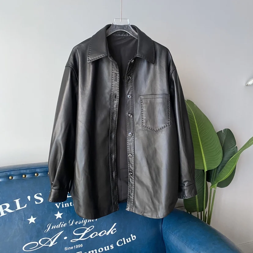 Prendas de abrigo de piel suave para mujer, corte holgado, longitud media, cuero genuino, irt, Faionable, para ir al trabajo, con kets