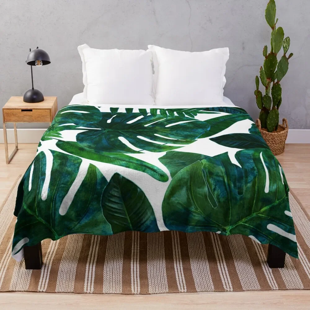 

Tropical Nature Monstera Watercolor Painting, Botanical Jungle Dark Palm Illustration Throw Blanket Furry Comforter Blankets