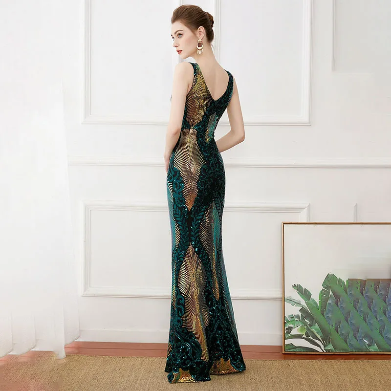 Verão sexy luxo casamento noite vestidos longos adultos mulheres vintage elegante lantejoulas sexy com decote em v sereia sem mangas vestido extravagante