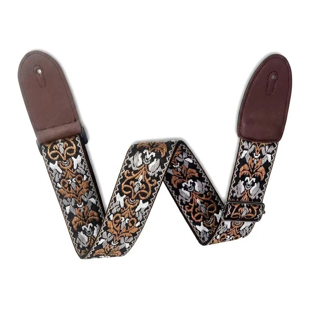 1 Pc Vintage Pattern Embroidered Guitar Strap, Thickened Widened Brown Leather Ends for Electric Guitar Bass