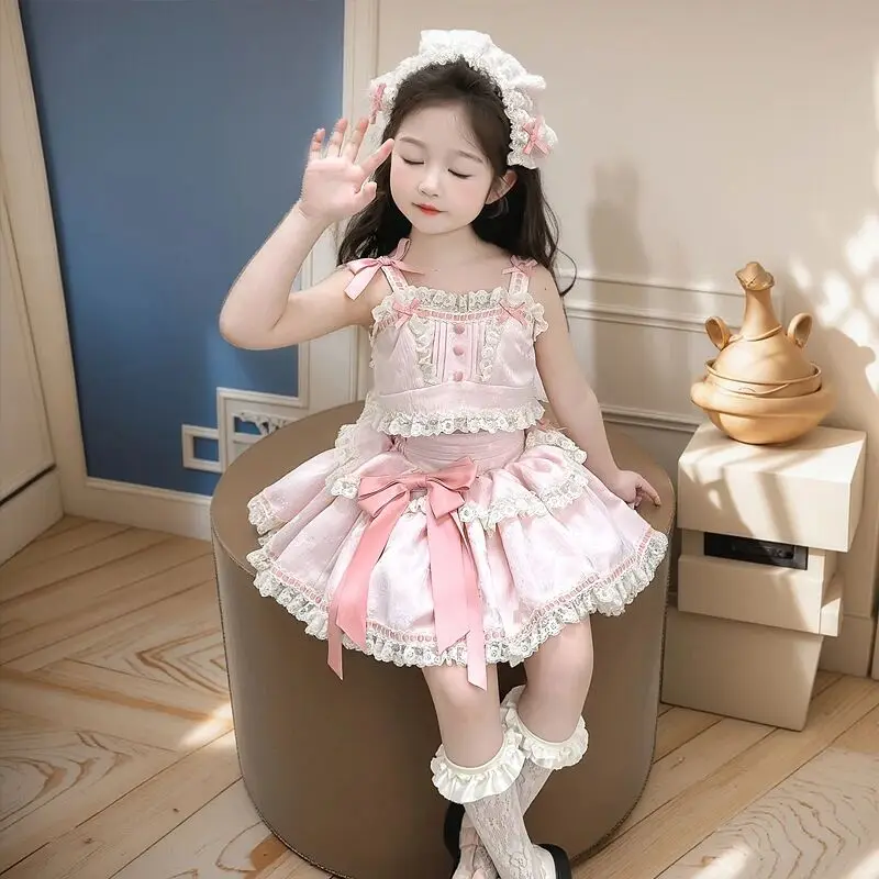 

Комплект одежды в стиле Лолита для девочек: модный розовый топ и юбка, две части, детская одежда
