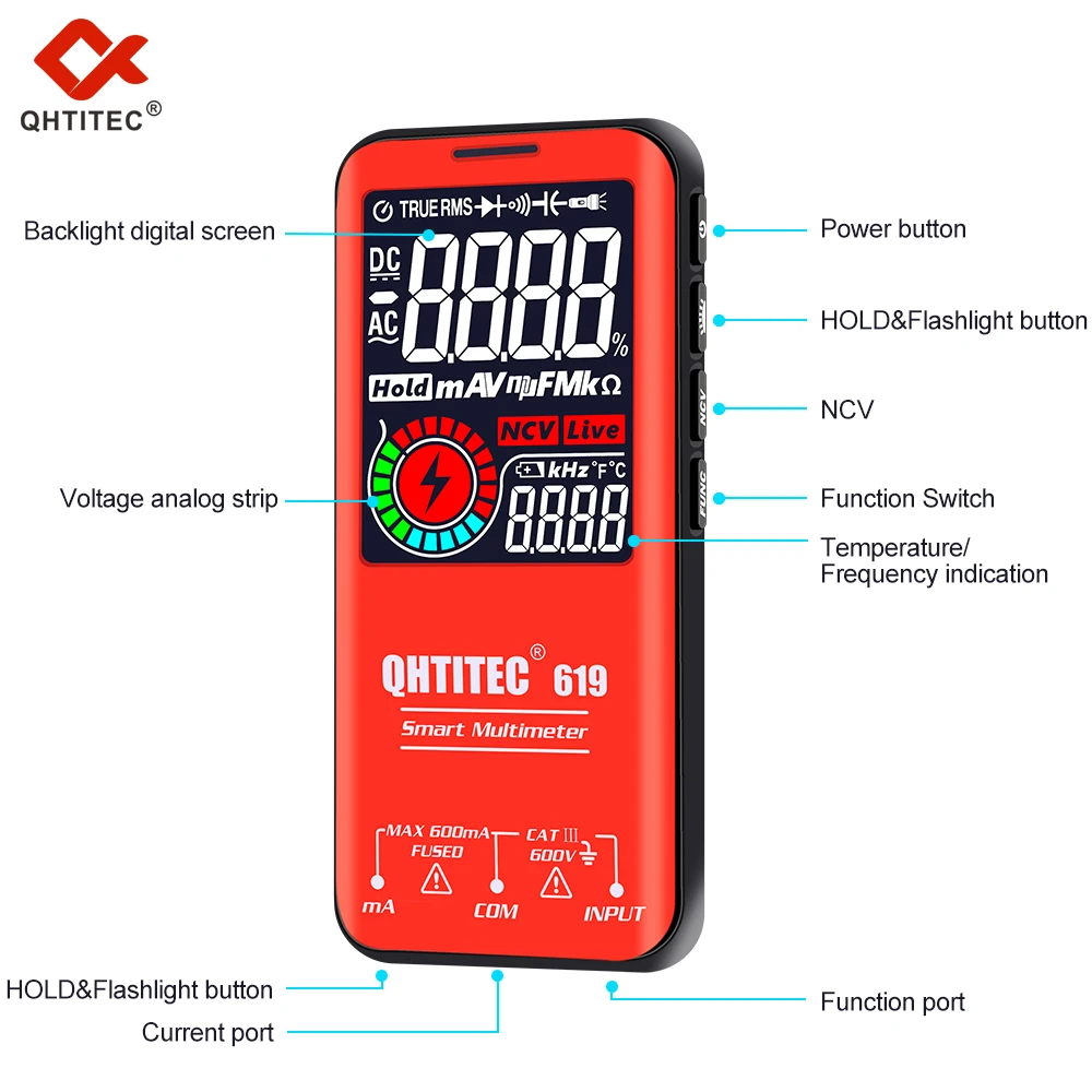 Qhtitec-プロのデジタルマルチメータ,熱銃,オームダイオード,ncv,hzライブワイヤーテスター,USB充電,5999