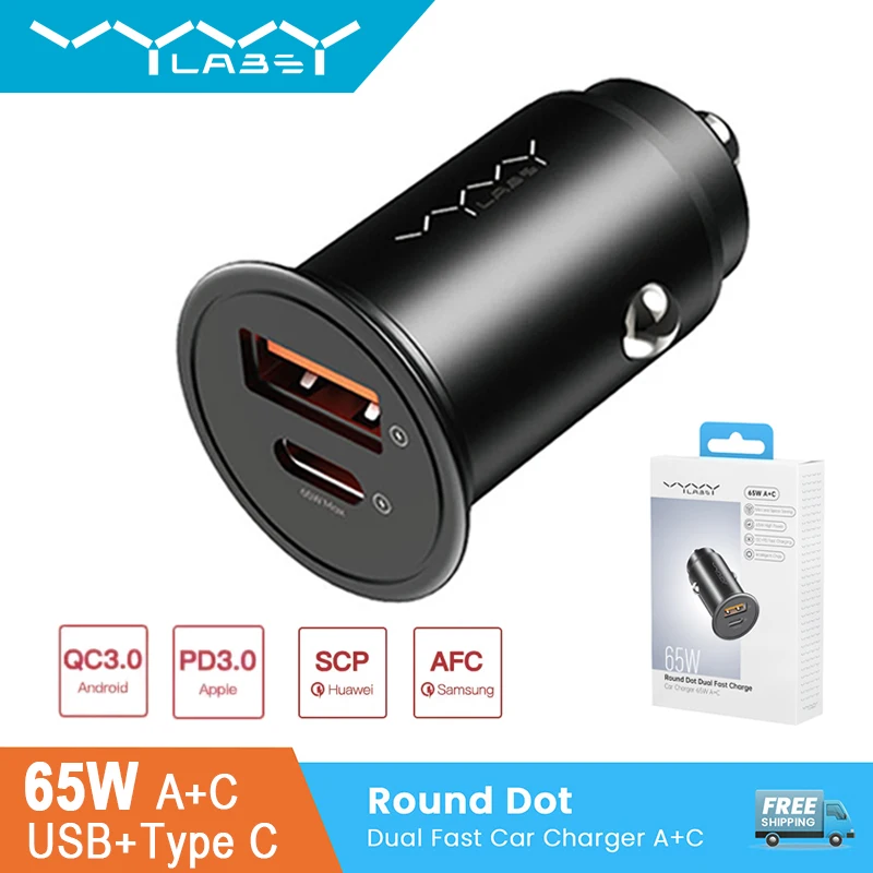 Vyvylabs 65W Car Charger USB A Type C Dual Port PD3.0 QC3.0 Fast Charging for iPhone Car Phone Charger for ipad Pro Samsung