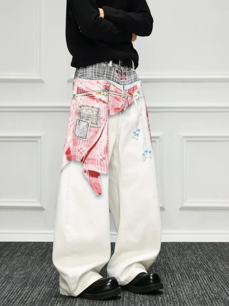 2025 Cyber Y2K Style 3D Digital Printed White Baggy Jeans Pants For Men Clothing Straight Streetwear Long Trousers Ropa Hombre