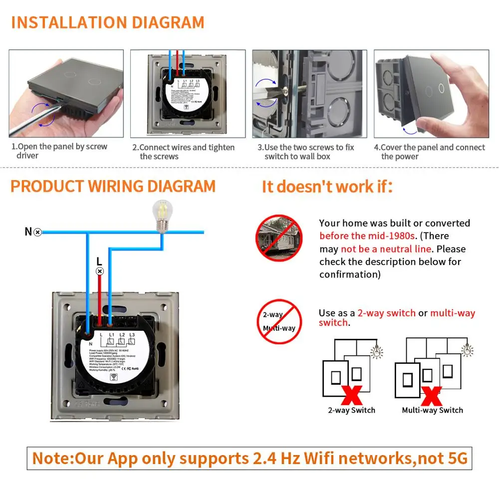 Wifi Wall Touch Switch EU No Neutral Wire Required Smart Light Switch 1 Gang 220V Tuya Smart Home Support Alexa Google Home