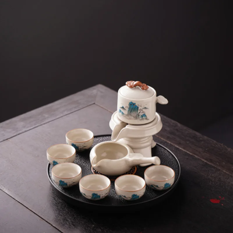 New Automatic for Home Use Ru Kiln Lazy Brewing Artifact High-end Stone Mill Teapot Teacup Complete Tea Set