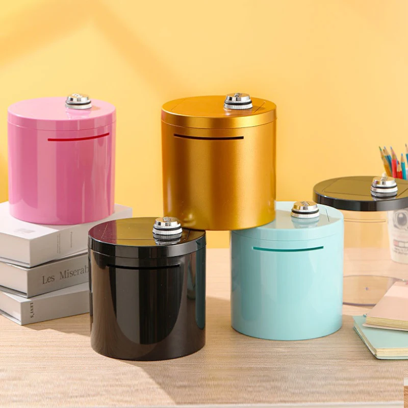 Password Mechanical Lock Safe Box, Gold Black Color Plastic Anti-fall Material Piggy Bank, Round Shape Strong Storage Can