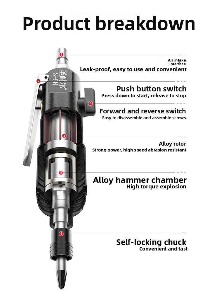 Taiwan Shengnai Pneumatic Screwdriver Industrial-Grade Screwdriver High-Power Woodworking Fully Automatic Pneumatic Tool Air Screwdriver