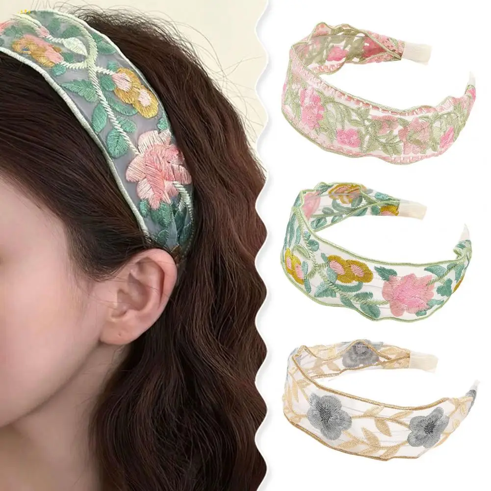 Embroidered Hair Accessory Mesh Headband Stylish Mesh Yarn Wide Headband with Retro Embroidery Flower Pattern Soft for Women