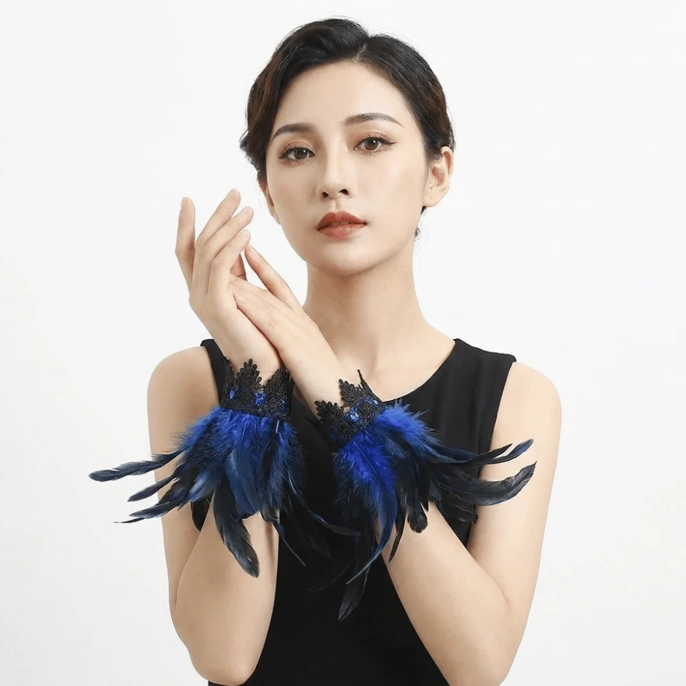 Black Lace Fluffy Feather Wrist Cuffs Adjustable Chic Plume Bracelet Lightweight Gothic Halloween Arm Cuff Gloves Themed Party