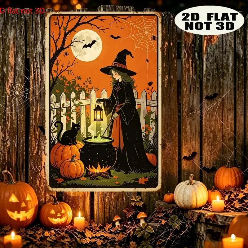 Metallic Wall Art 2D Flat Sign - Retro Halloween Witch Stirring Cauldron Black Cat Pumpkin Moon Bat Spider Web Iron Hanging Deco