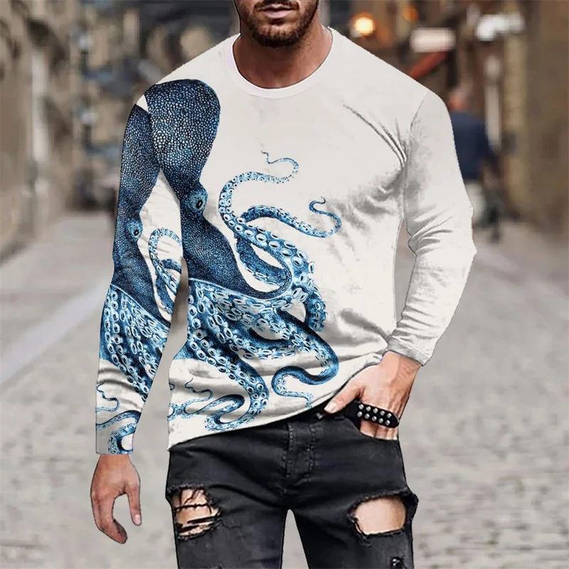 Funny Tentacles Pattern T-Shirt For Men Marine Animal 3D Printed T Shirts Autumn Casual Long Sleeves Loose O-Neck Tops Tees