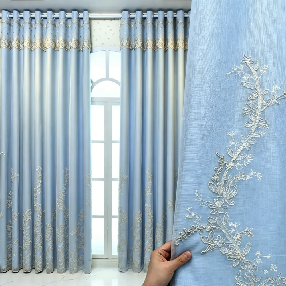 Luxury Double Layer Curtain with Embroidery Nordic Princess Style Blackout Drapes for Bedroom Living Room