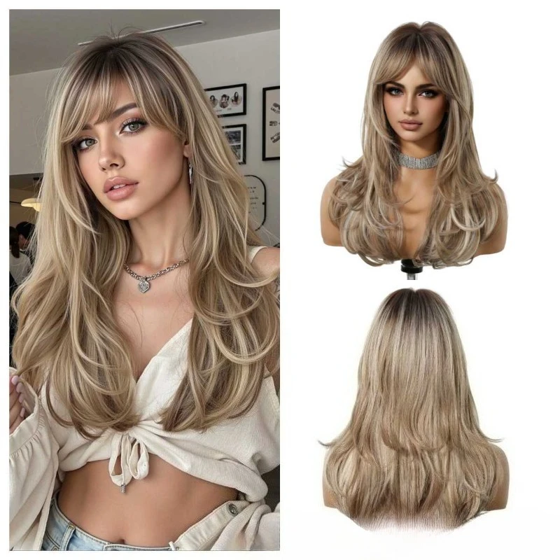 

Wig Female Full Headset Simulation Natural Eight Character Fringe Long Curly Hair Atmosphere Lazy Style Full Head Wig Set