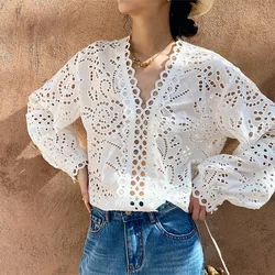 Long Sleeve V-neck White Blouses shirts Women Hollowed out Floral Embroidery Lace Cotton Boho Casual Summer Blouse Ladies Tops