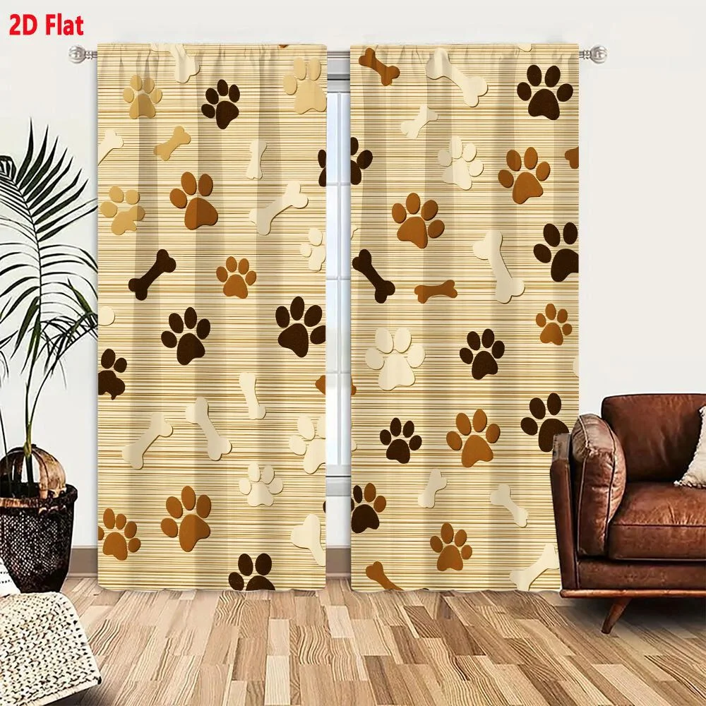 2Pcs Curtains Seamless Pattern With Paw Prints And Bones On Beige Background For Pet Dog Themes Window Drapes for Bedroom Room D