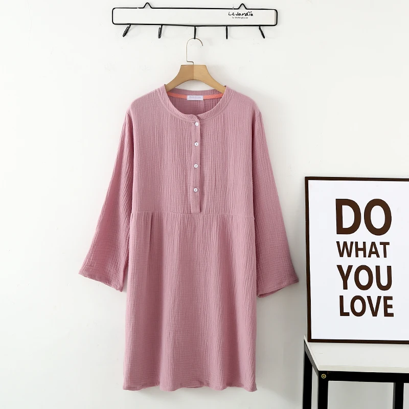 Spring and Autumn Women\'s Long Sleeve Nightdress 100%Cotton Crepe Round Neck Button Solid Color Dress Home Dress Nightgown Dress