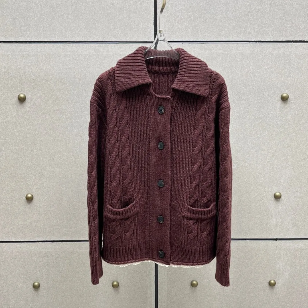 

Новое поступление 2025, бордовый вязаный кардиган с кружевным воротником, окрашенная на заказ шерстяная пряжа, женский трикотаж с накладными карманами